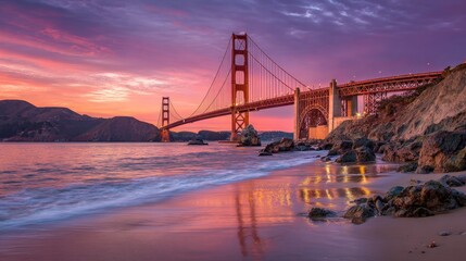 Golden Gate Bridge at sunrise over the beach