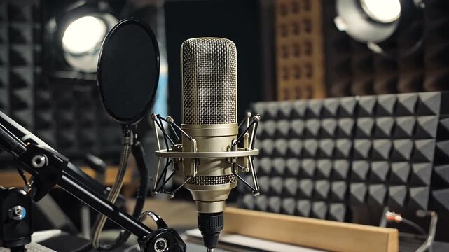 Professional audio recording setup featuring a microphone and soundproofing panels in studio