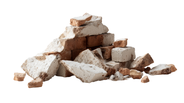 Pile of Broken Construction Bricks Against White Background, cut out transparent