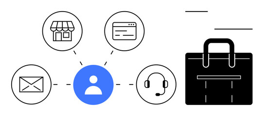 Centralized customer icon linked to physical store, website, email, and support, next to shopping bag. Ideal for retail, e-commerce, customer support, omnichannel strategy marketing shopping user