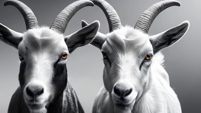 Black and white portrait of two goats standing side by side