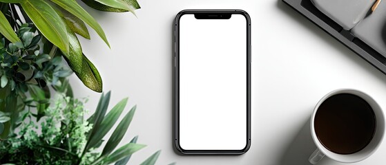 Smartphone on a white surface with plants and coffee
