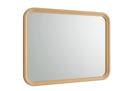 Rectangular mirror with a natural wood frame isolated on transparent background