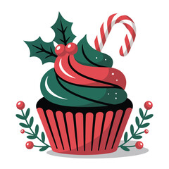 Festive christmas cupcake illustration with holly berries and candy cane