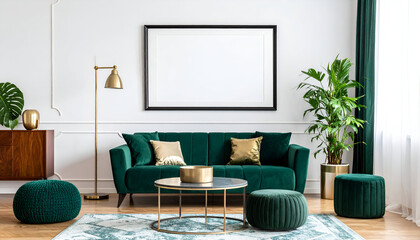Luxury Modern Living Room Interior with Green Velvet Sofa and Gold Accents