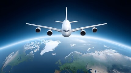 Airplane soaring over the global map