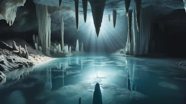 video of Underground cave chamber featuring stalactites and a mirror-like reflective pool	