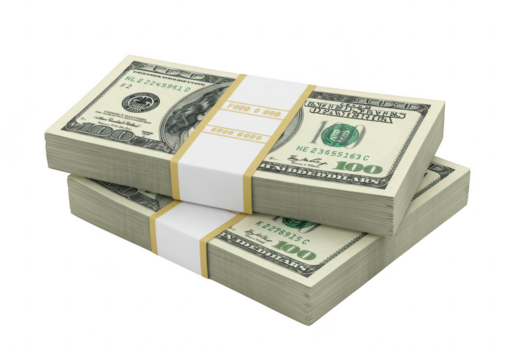Stacks of hundred dollar bills isolated on transparent background