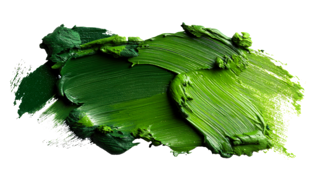 Thick green oil paint texture swatch with visible brush strokes, cut out transparent