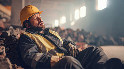  A somber shot of a male construction worker in a yellow hard hat and high-visibility vest, lying seemingly unconscious or exhausted on a pile of rubble inside a damaged building. The dusty, blurry ba