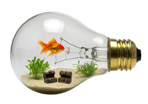 Goldfish swimming in a lightbulb aquarium with plants and sand isolated on transparent background - Powered by Adobe