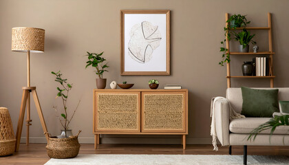 Modern Living Room Interior with Neutral Color Palette and Wooden Furniture