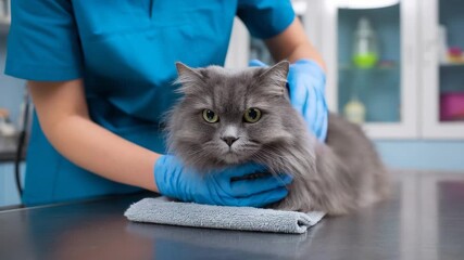 Gray cat being examined by veterinarian in a clinic with medical equipment in the background
