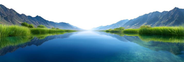 Scenic mountain lake reflecting the clear sky and lush green landscape isolated on transparent background