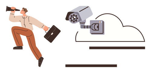 Man with megaphone and briefcase in motion near cloud-connected CCTV camera. Ideal for security, surveillance, cloud computing, data monitoring, digital control, corporate strategy, and communication