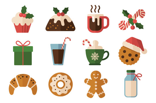 Festive christmas food drinks and treats illustrated flat design icons