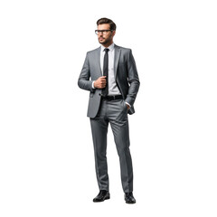Full body shot of a confident businessman in a grey suit isolated on transparent background