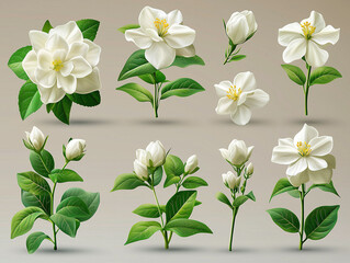 White Jasmine Illustration Set with Buds and Branches