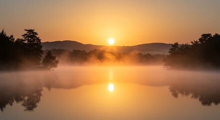 Obraz premium 朝焼けの湖と霧の風景写真