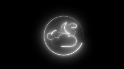 White Neon Crescent Moon and Clouds Icon on Black night