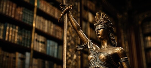 Fototapeta premium Bronze statue of Lady Justice in a library (1)