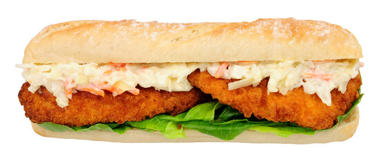 Breaded chicken and coleslaw crusty baguette sandwich isolated on a white background