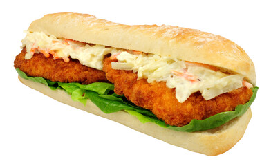 Breaded chicken and coleslaw crusty baguette sandwich isolated on a white background