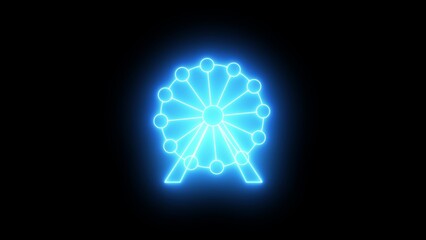 Bright blue neon Ferris wheel glowing on black background