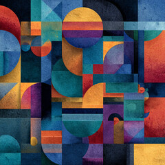 abstract geometric pattern combining Bauhaus shapes and watercolor gradients