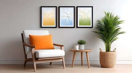 Fototapeta premium Framed travel plan prints on a cozy living room wall