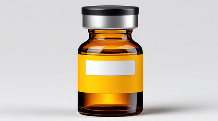 Amber glass vial with metallic black and silver cap and yellow label suitable for vaccine or pharma branding