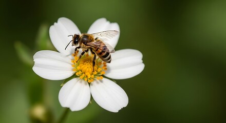 Detailed macro photograph of a honey bee perched on a delicate white flower blossom capturing