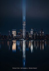 Fototapeta premium Reflective cityscape tribute illuminating the night with powerful beams of light