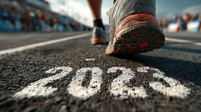 Person preparing to run on a track with the year 2023 marked, symbolizing goal-setting and new beginnings