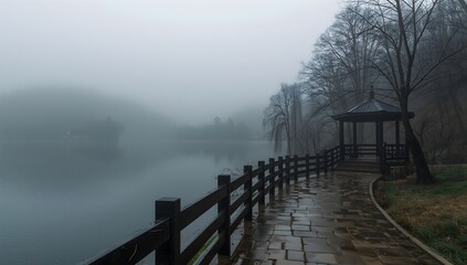Naklejka premium Misty morning beside a calm lake with a wooden fence and a gazebo in a serene natural landscape