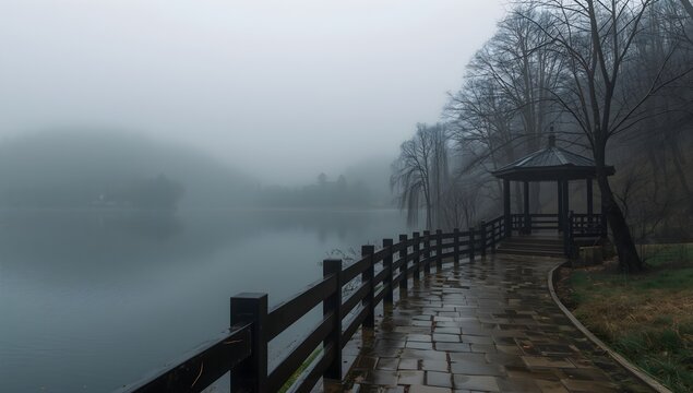 Misty morning beside a calm lake with a wooden fence and a gazebo in a serene natural landscape