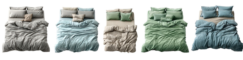 Four Beds with Bedding Sets in Various Pastel Tones