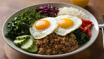 protein bowl with ground turkey, rice, cucumbers, kale, peppers, and an egg