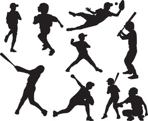 Child baseball set silhouette vector isolated on background. Children sports activity.