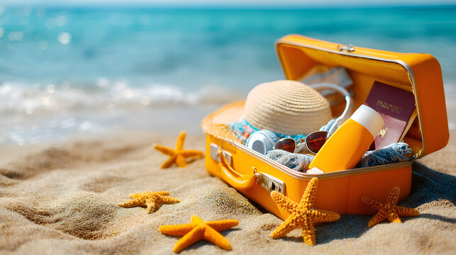 Yellow suitcase with summer accessories sitting on sandy beach by turquoise sea