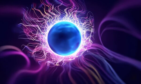 An abstract sun made of glowing lines, set against a purple background with a blue and pink glow around the center.