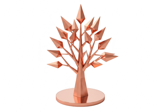 Copper geometric tree sculpture isolated on transparent background