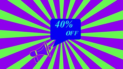 Purple and green sunburst with blue 40 percent off speech bubble