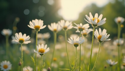Field of blooming daisies under a sunny daytime sky