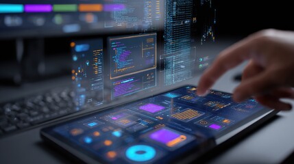 Hand interacting with a tablet, holographic displays