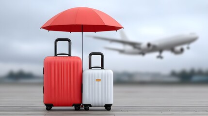 Luggage protected under umbrellas at the airport