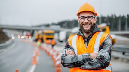 Obraz premium A cheerful construction worker wearing a hard hat and safety vest smiles confidently on a highway project.