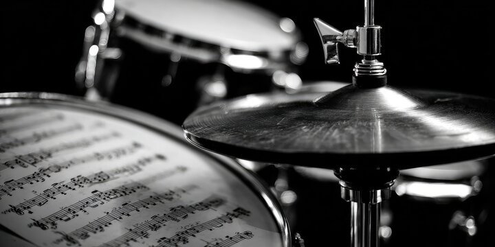 Close-up of drum set cymbals and drum heads with musical notation
