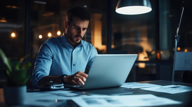 Caucasian man working late at office with laptop and papers