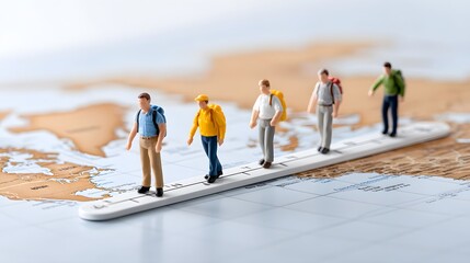 Miniature Backpackers Exploring a World Map